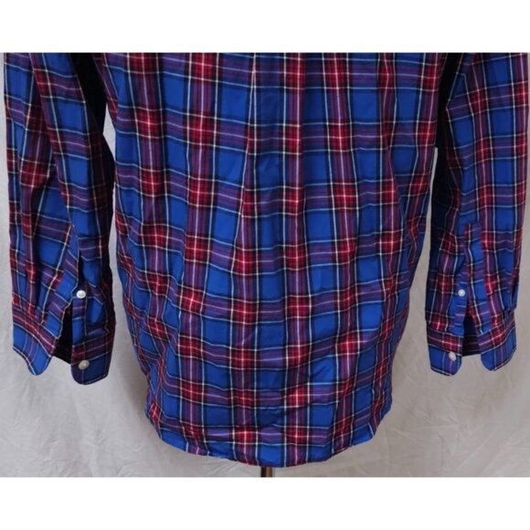 Chaps Easy Care Mens Medium Blue Red Plaid Long Sleeve Button Down Logo Shirt - Picture 10 of 11